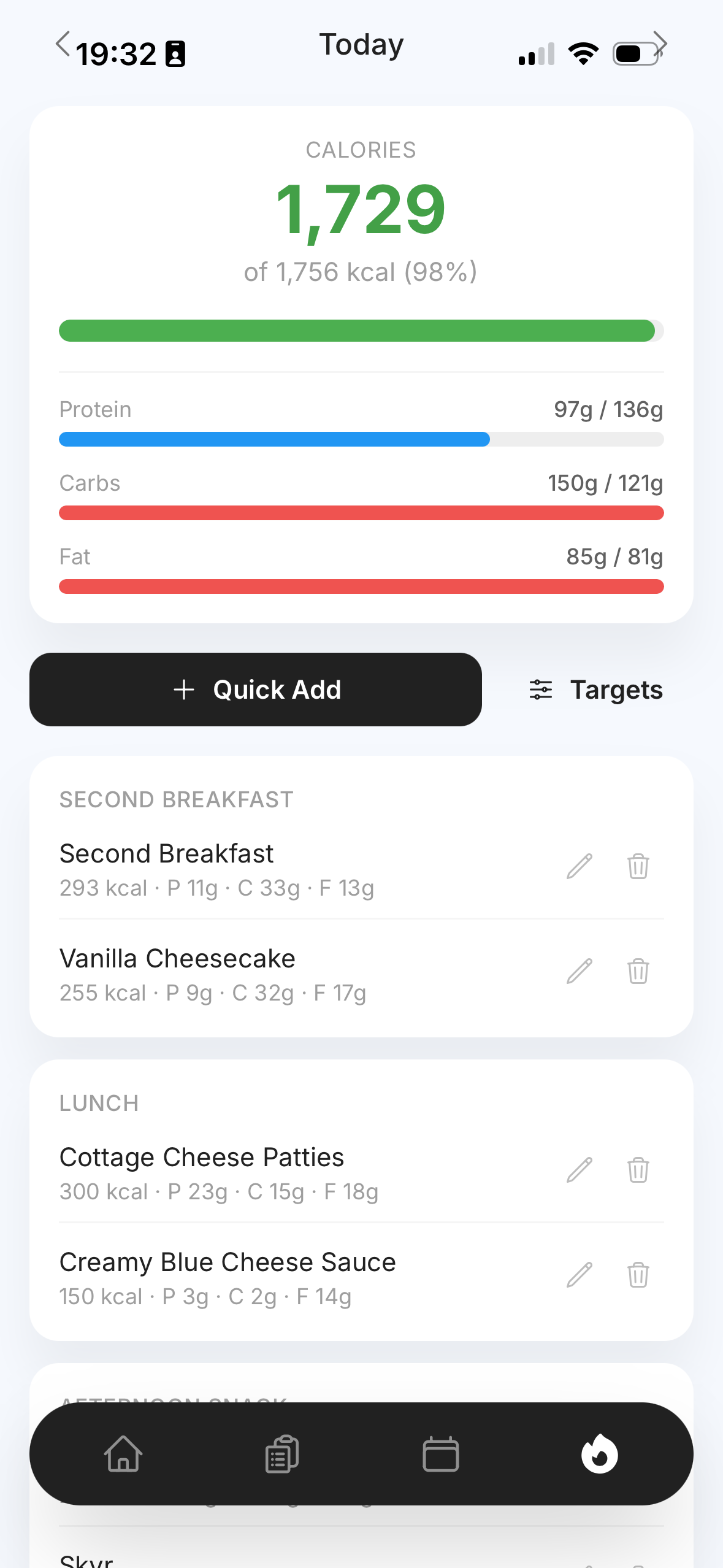TRNRR calorie tracker with detailed meal log