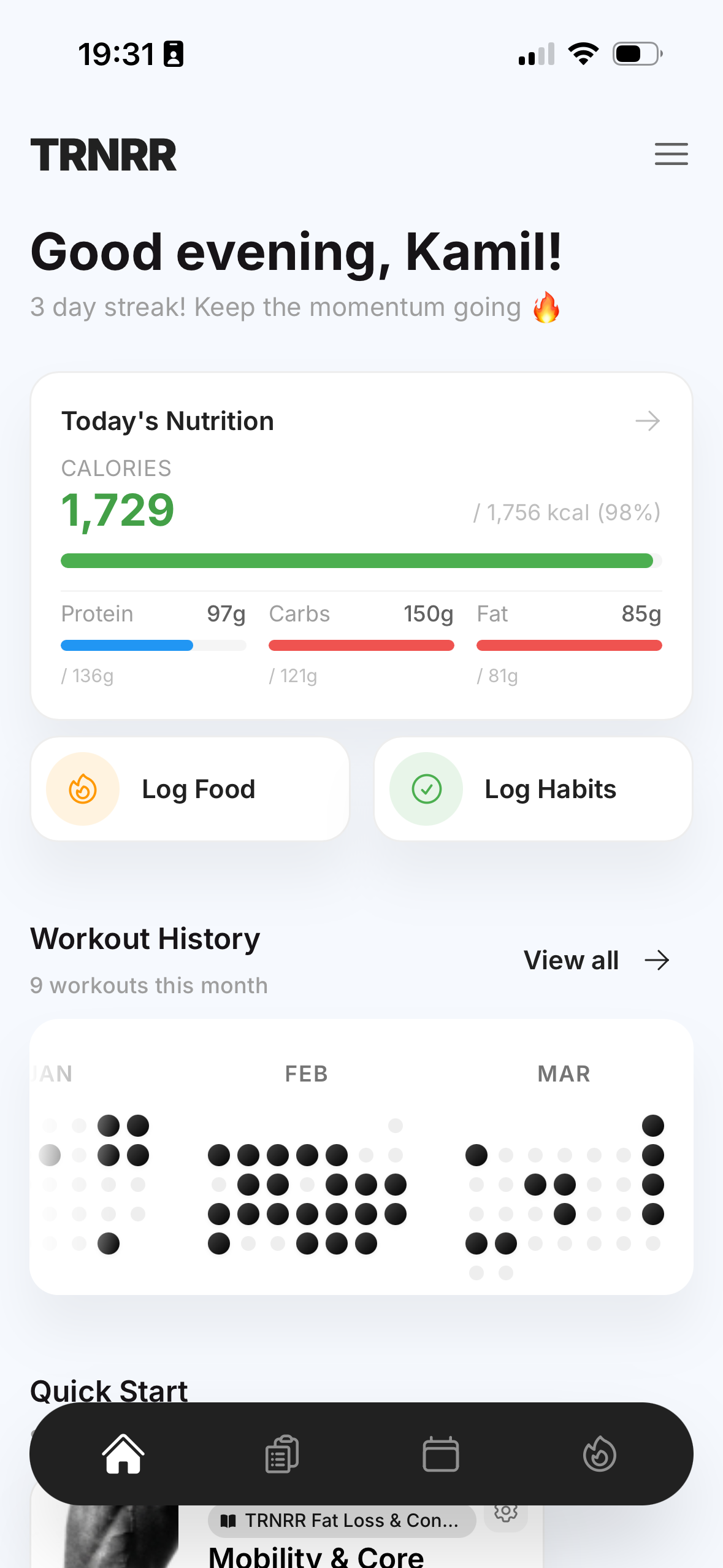 TRNRR dashboard with nutrition tracking and workout history