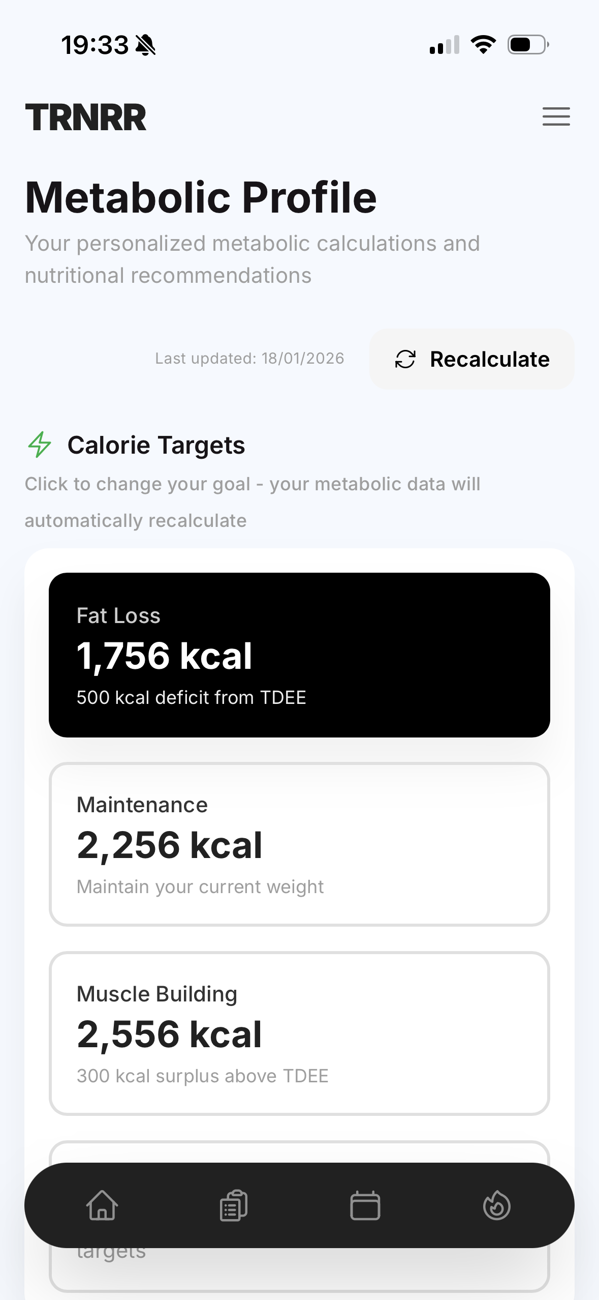 TRNRR metabolic profile with personalized calorie targets