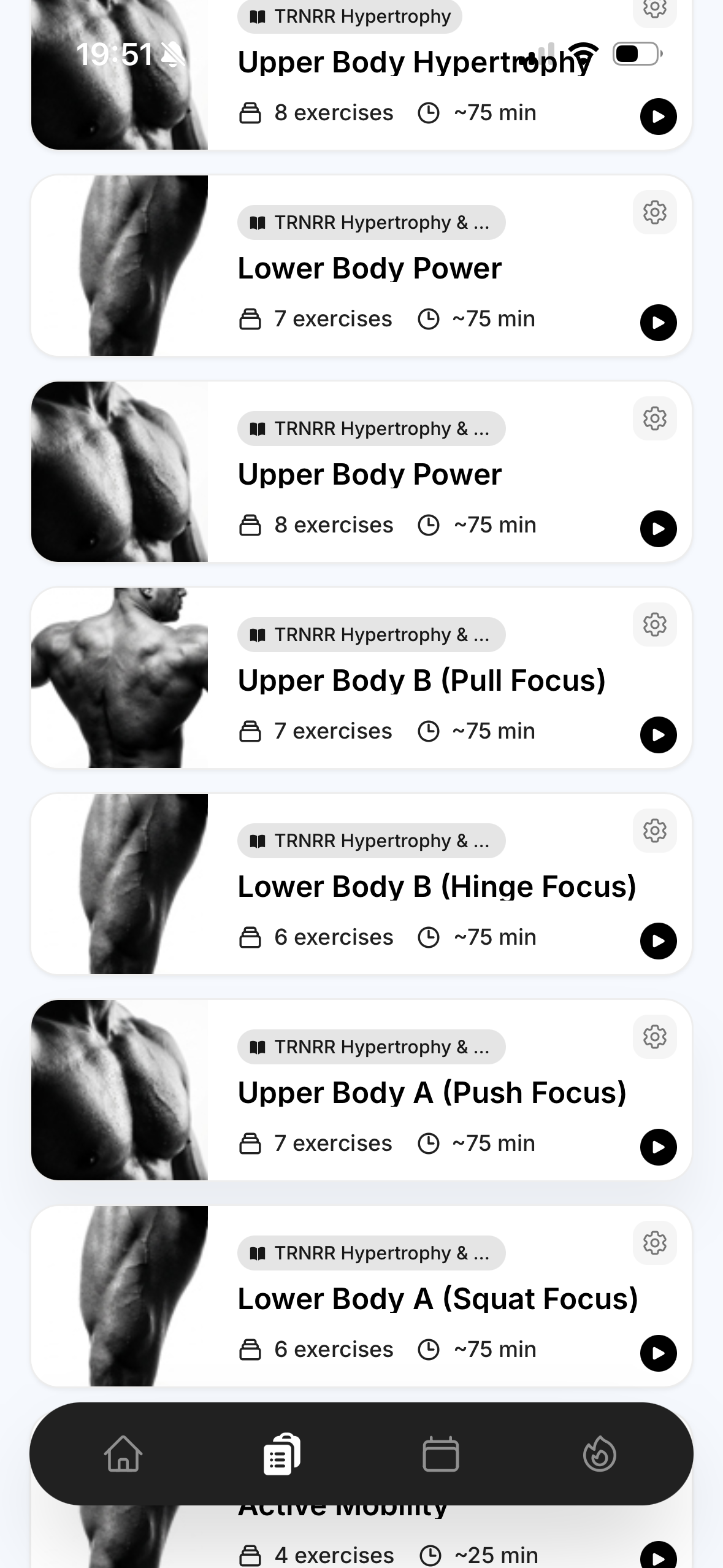 TRNRR training program with full workout list