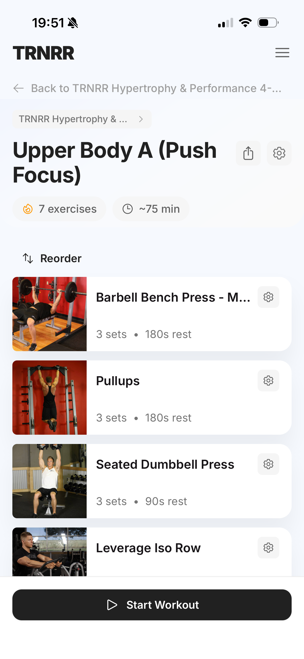 TRNRR workout detail with exercise list and instructions