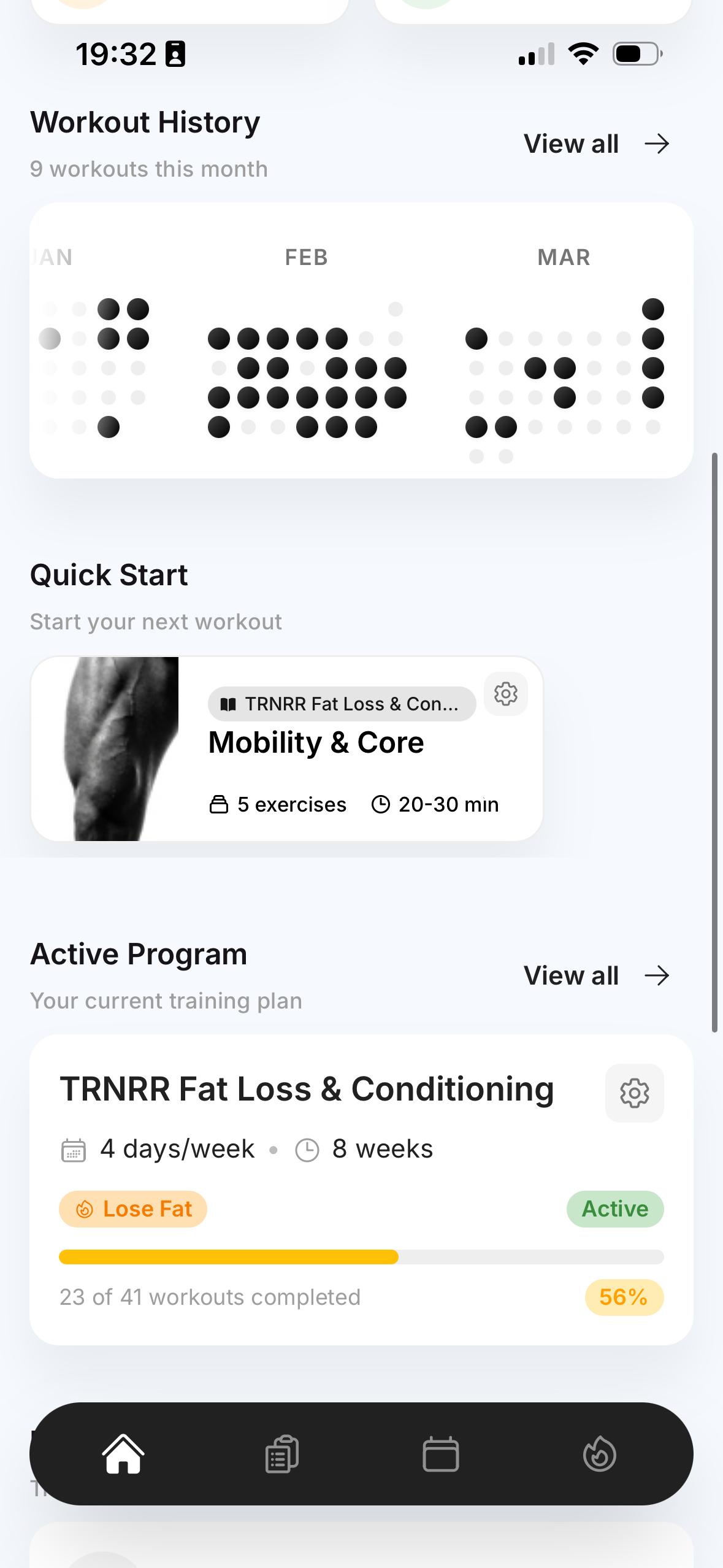 TRNRR workout history and active training program